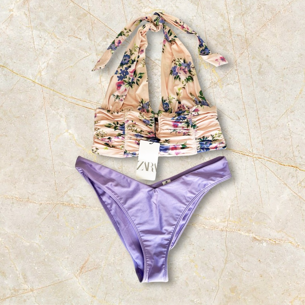 ZARA Coctil Ruched Floral Print top and Lavender Bikini NEW - Picture 2 of 7